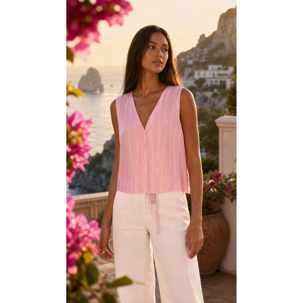 Tamara H Pink Striped Linen Blend Sleeveless Button Front, Tie Back Top XL/1X